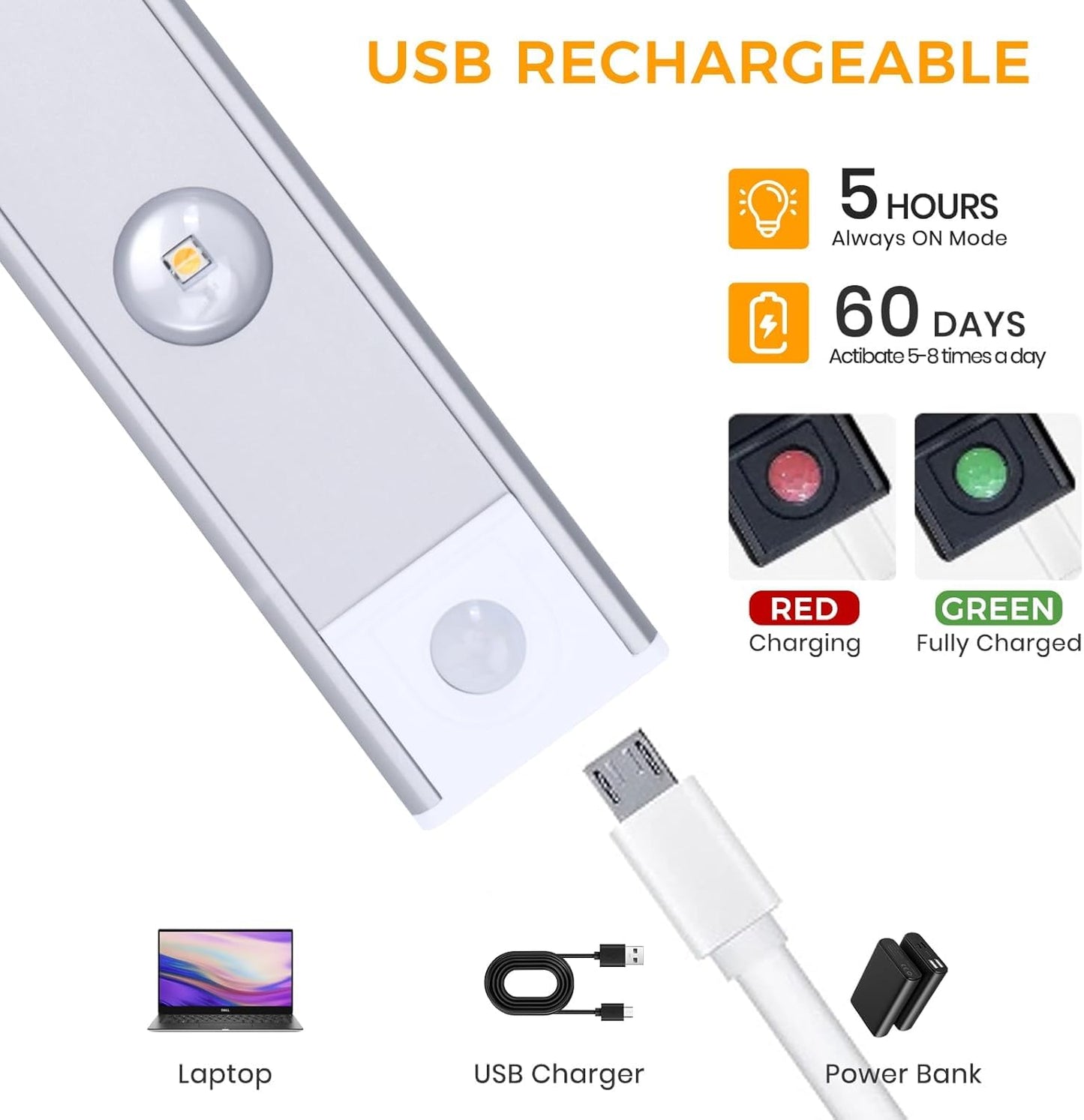 LED Motion Sensor Cabinet Light — Auto On/Off, USB Rechargeable